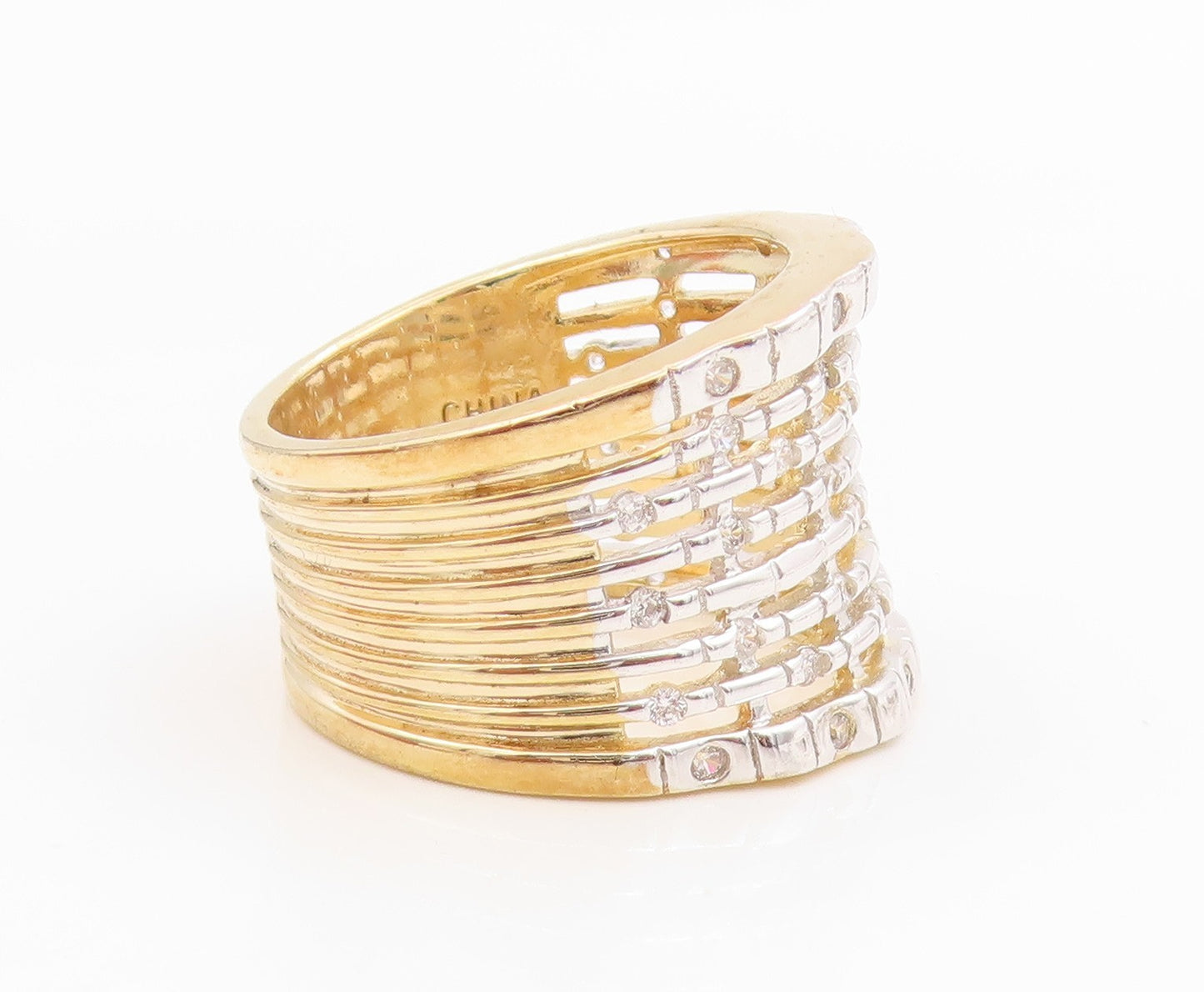 925 Sterling Silver Vintage Ring Two Tone Multi Row CZ Wide Band  Sz 7  RG35620