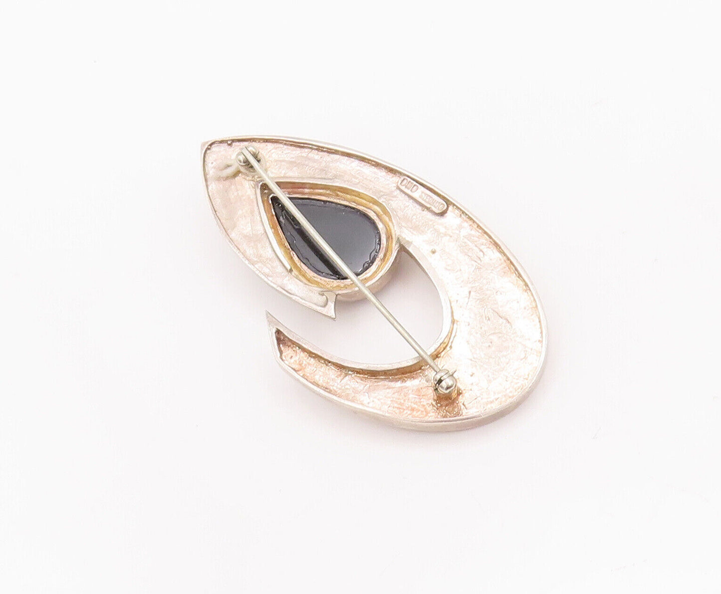 925 Sterling Silver Vintage Brooch Pin Designer Cabochon Drop Shape Onyx BP10871