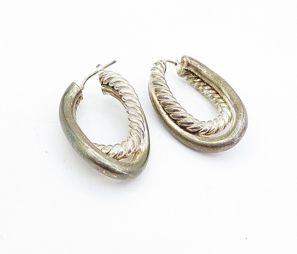925 Sterling Silver  Vintage Dark Tone Hollow Twist Hoop Earrings  EG2743