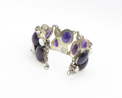 925 Sterling Silver  Vintage Amethyst & Mother Of Pearl Chain Bracelet  BT7290