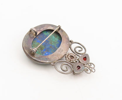 925 Sterling Silver Vintage Brooch Pin SAJEN Azurite Garnet & Amethyst  BP10619