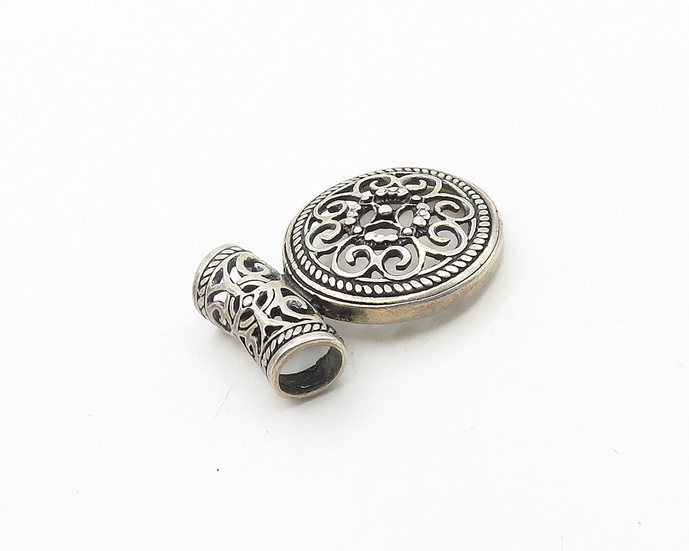 925 Sterling Silver  Vintage Round Floral Pretzel Swirl Slide Pendant  PT15340