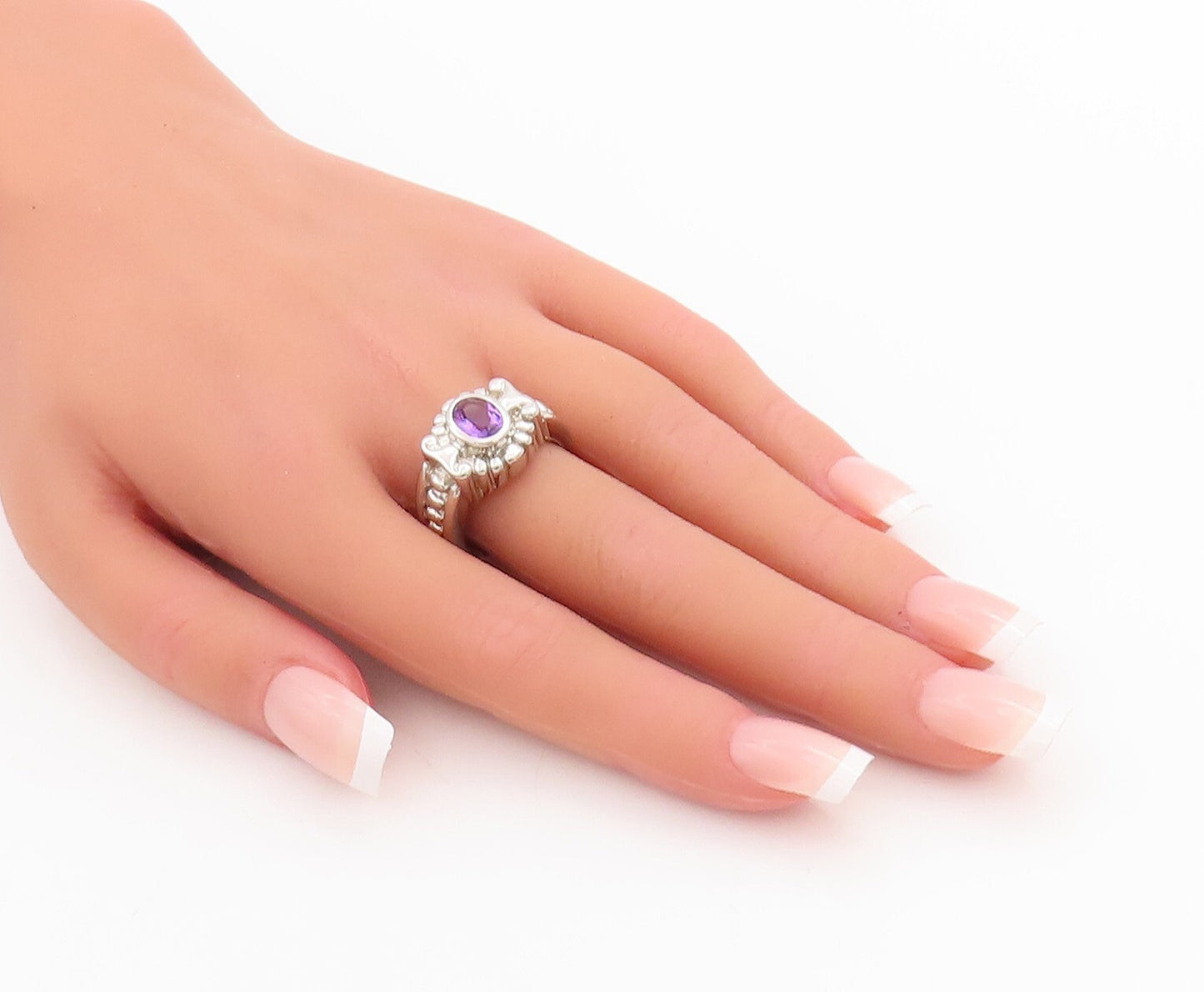 925 Sterling Silver Vintage Ring Solid Floral Etched Amethyst  Sz 8.5  RG28665
