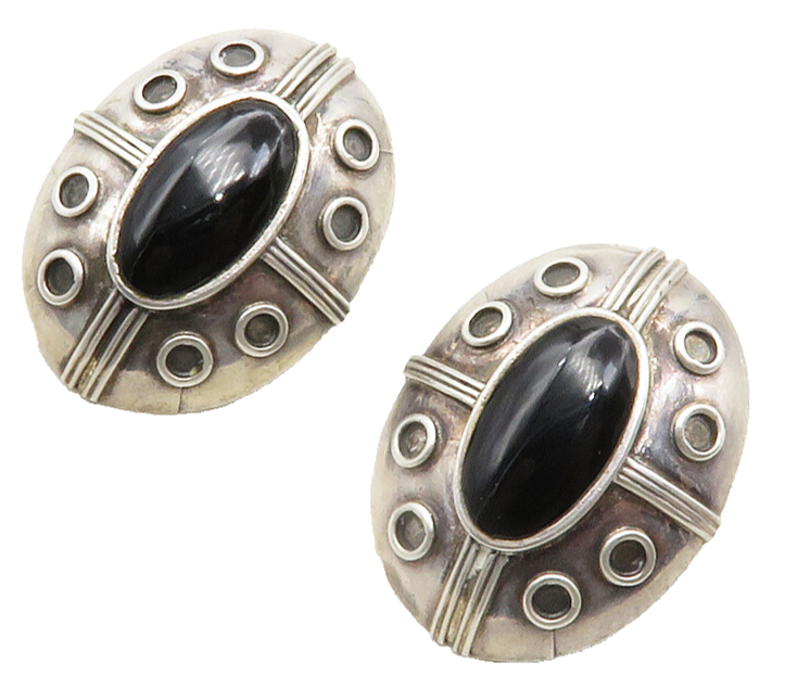 925 Sterling Silver  Vintage Cabochon Cut Black Onyx Dome Drop Earrings EG6676