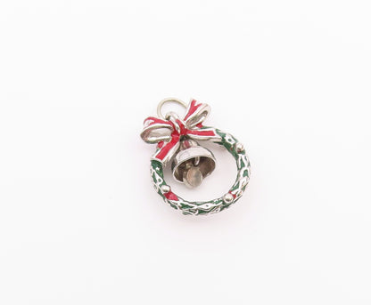 925 Sterling Silver  Vintage Christmas Wreath Bow & Bell Pendant  PT18823