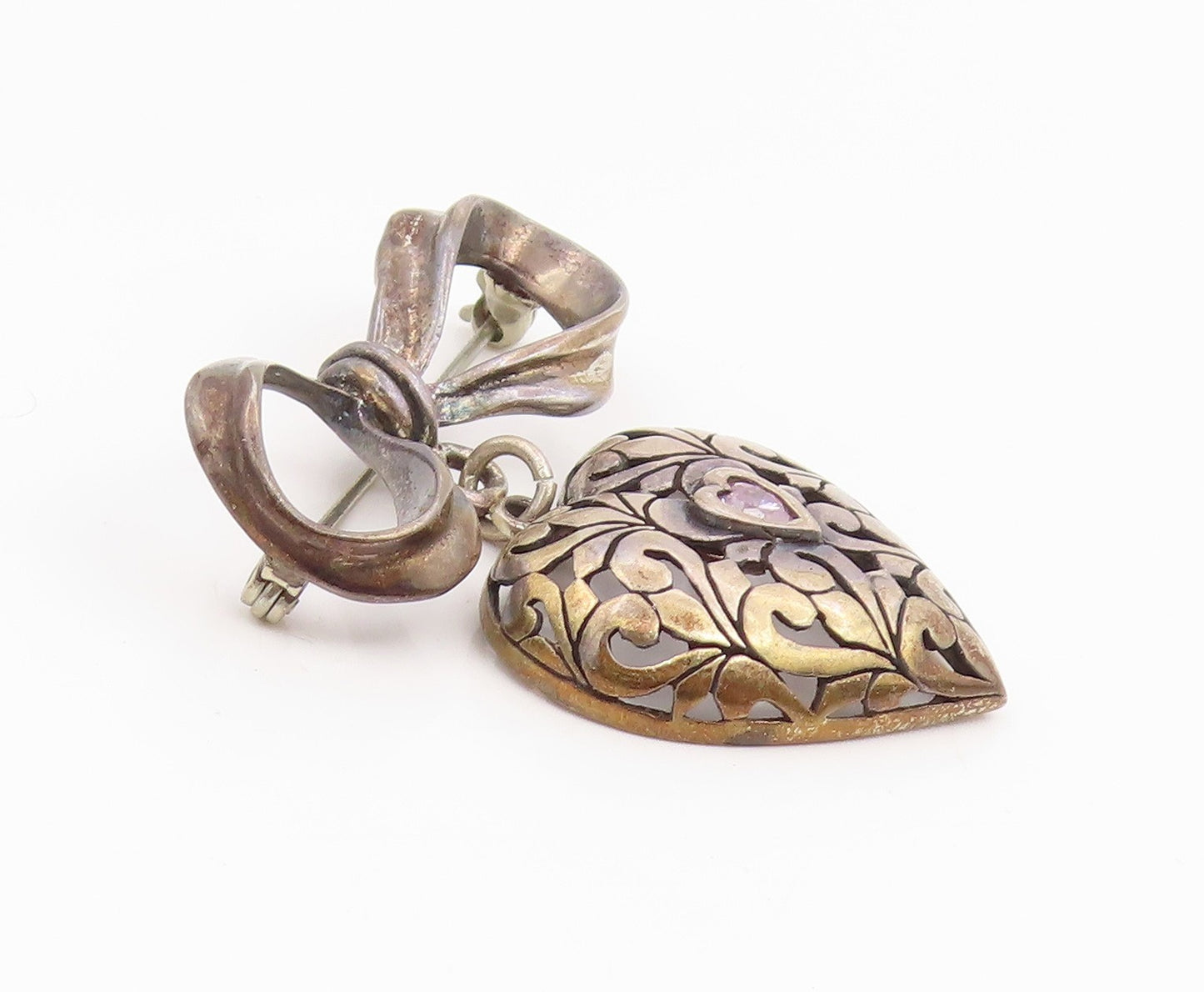 925 Sterling Silver Vintage Brooch Pin JEZLAINE Pink Topaz Heart & Bow  BP12337