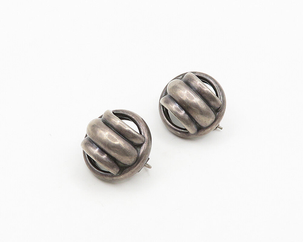 925 Sterling Silver  Vintage Dark Tone Fluted Dome Round Drop Earrings  EG9660