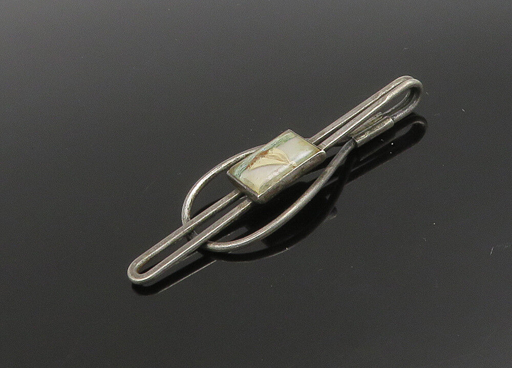 925 Sterling Silver  Vintage Mother Of Pearl Dark Tone Tie Clip  TR3182