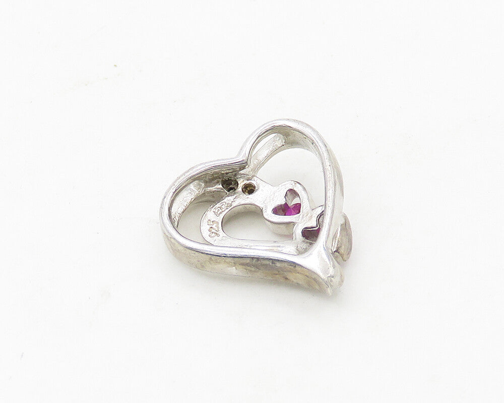 925 Silver  Vintage Genuine Diamonds & Pink Topaz Love Hearts Pendant  PT15149