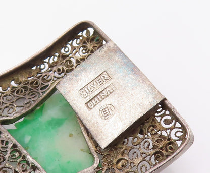 925 Sterling Silver Vintage Bracelet CHINESE EXPORT Jade Flora Filigree  BT12134