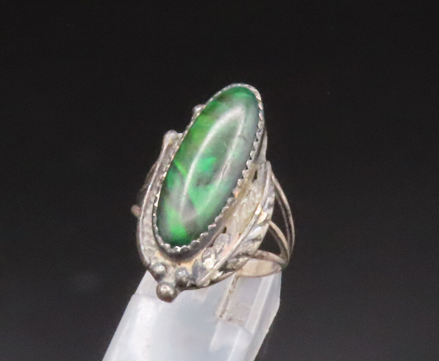NAVAJO 925 Silver  Vintage Green Abalone Leaf Wrapped Ring Sz 7  RG25101