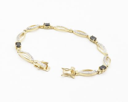 925 Sterling Silver  Genuine Diamond & Sapphire Shiny Chain Bracelet  BT5458