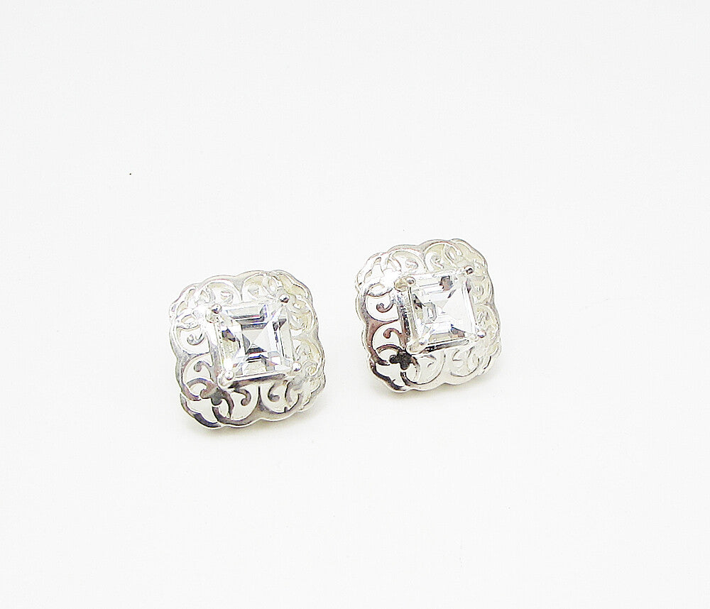 925 Sterling Silver  White Topaz Cut Out Filigree Stud Earrings  EG1839