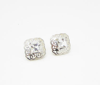 925 Sterling Silver  White Topaz Cut Out Filigree Stud Earrings  EG1839