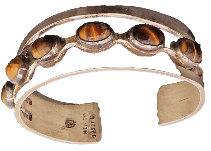 MEXICO 925 Silver  Vintage Tiger's Eye Beaded Spilt Cuff Bracelet  BT10035