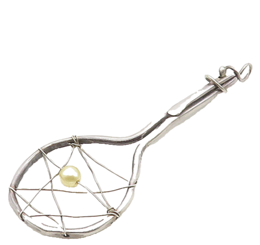 925 Sterling Silver Vintage Modernist Tennis Racket With Pearl Pendant PT15286
