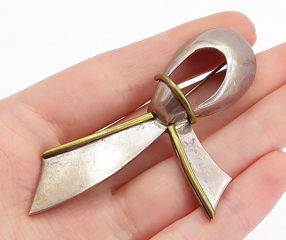 MEXICO 925 Sterling Silver  Vintage Two Tone Ribbon Motif Brooch Pin  BP1676