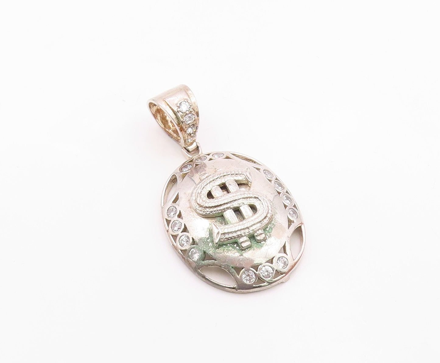 925 Sterling Silver  Vintage Shiny Topaz Dollar Sign Drop Pendant  PT18978