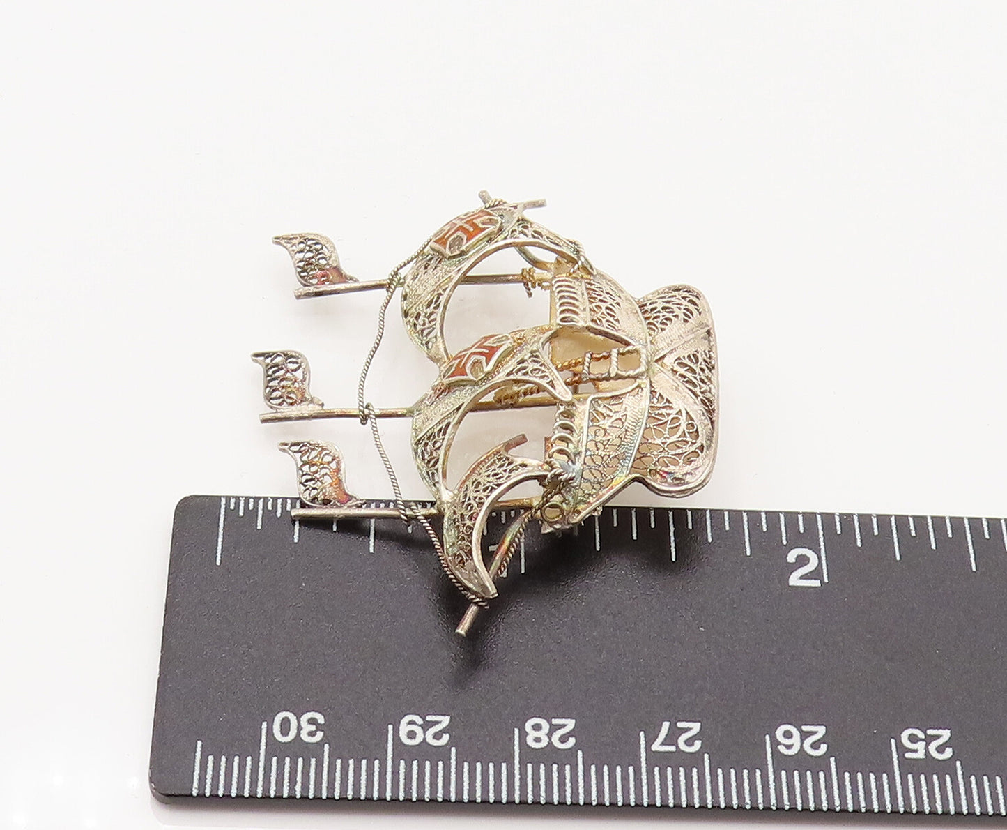 925 Silver  Vintage Enamel Cross Filigree Sailboat Ship Brooch Pin  BP10155
