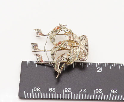925 Silver  Vintage Enamel Cross Filigree Sailboat Ship Brooch Pin  BP10155