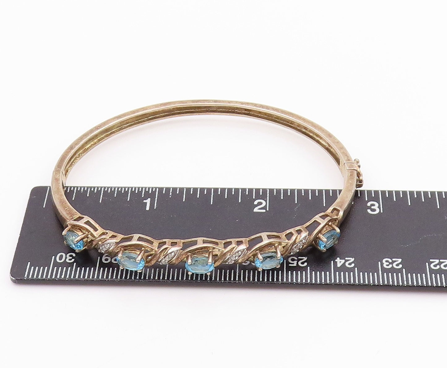 925 Sterling Silver Vintage Bracelet Swirly Diamonds & Oval Topaz Bangle BT11350