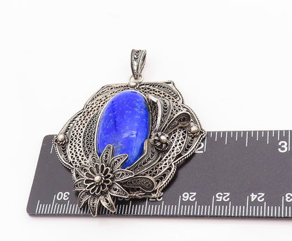 925 Sterling Silver Vintage Pendant Gemstone Dark Tone Floral Filigree  PT24762