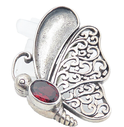 925 Sterling Silver  Vintage Red Topaz Swirl Wing Butterfly Brooch Pin  BP2922