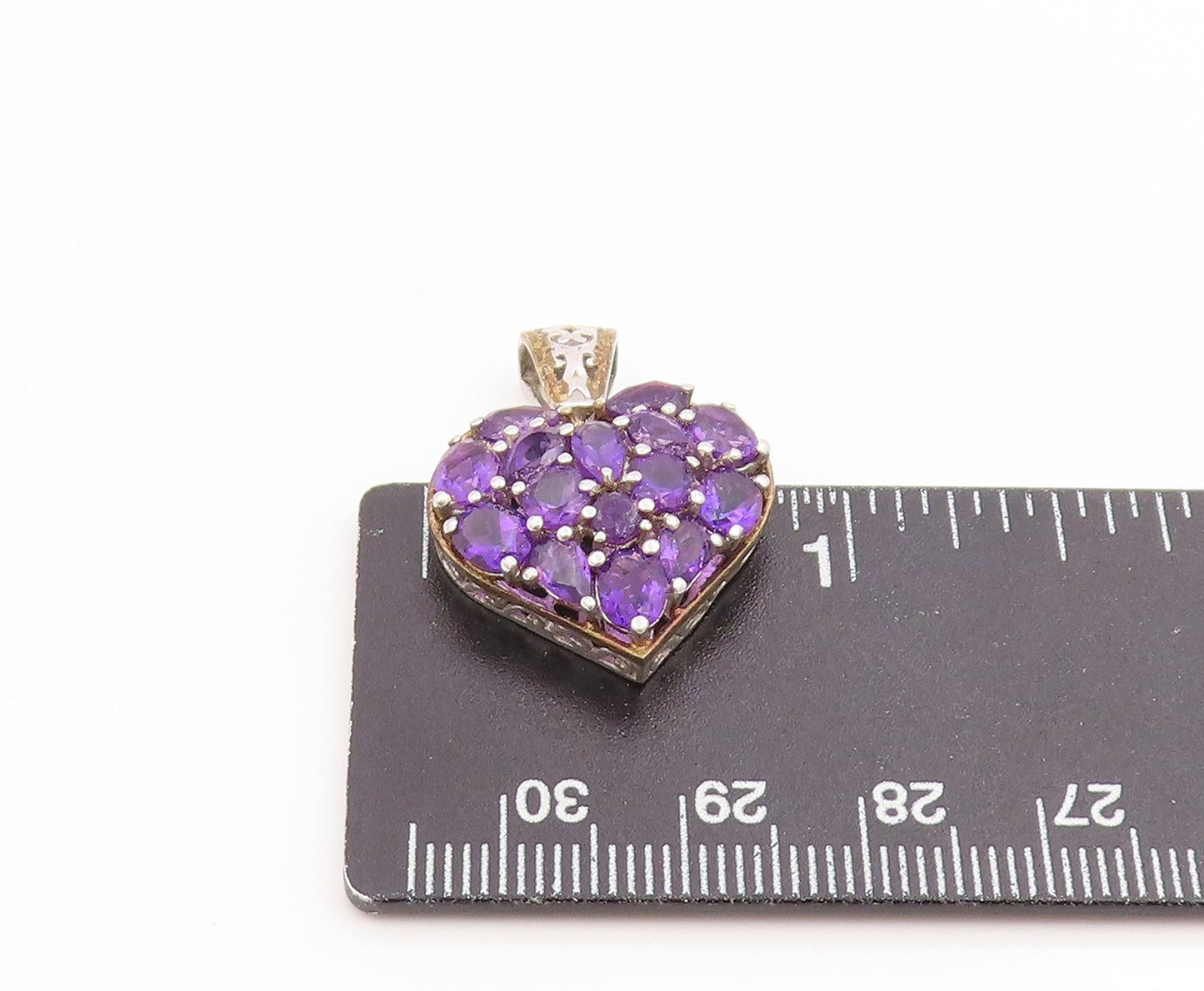 925 Sterling Silver Vintage Pendant Amethyst Elegant Love Heart Cluster  PT26101
