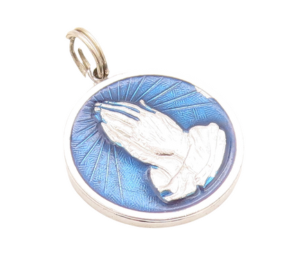 925 Sterling Silver Vintage Pendant Enameled Carved Praying Hands  PT23821