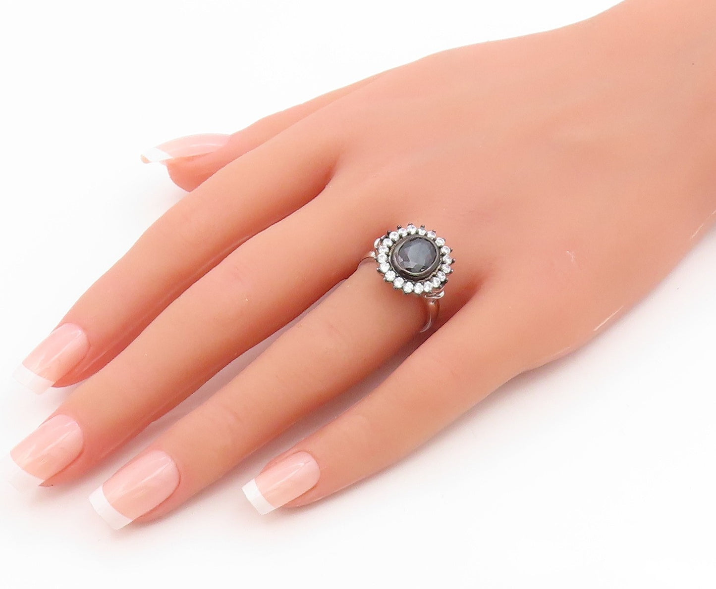 925 Sterling Silver Vintage Ring Sapphire Halo Topaz Flower Band  Sz 7  RG35635