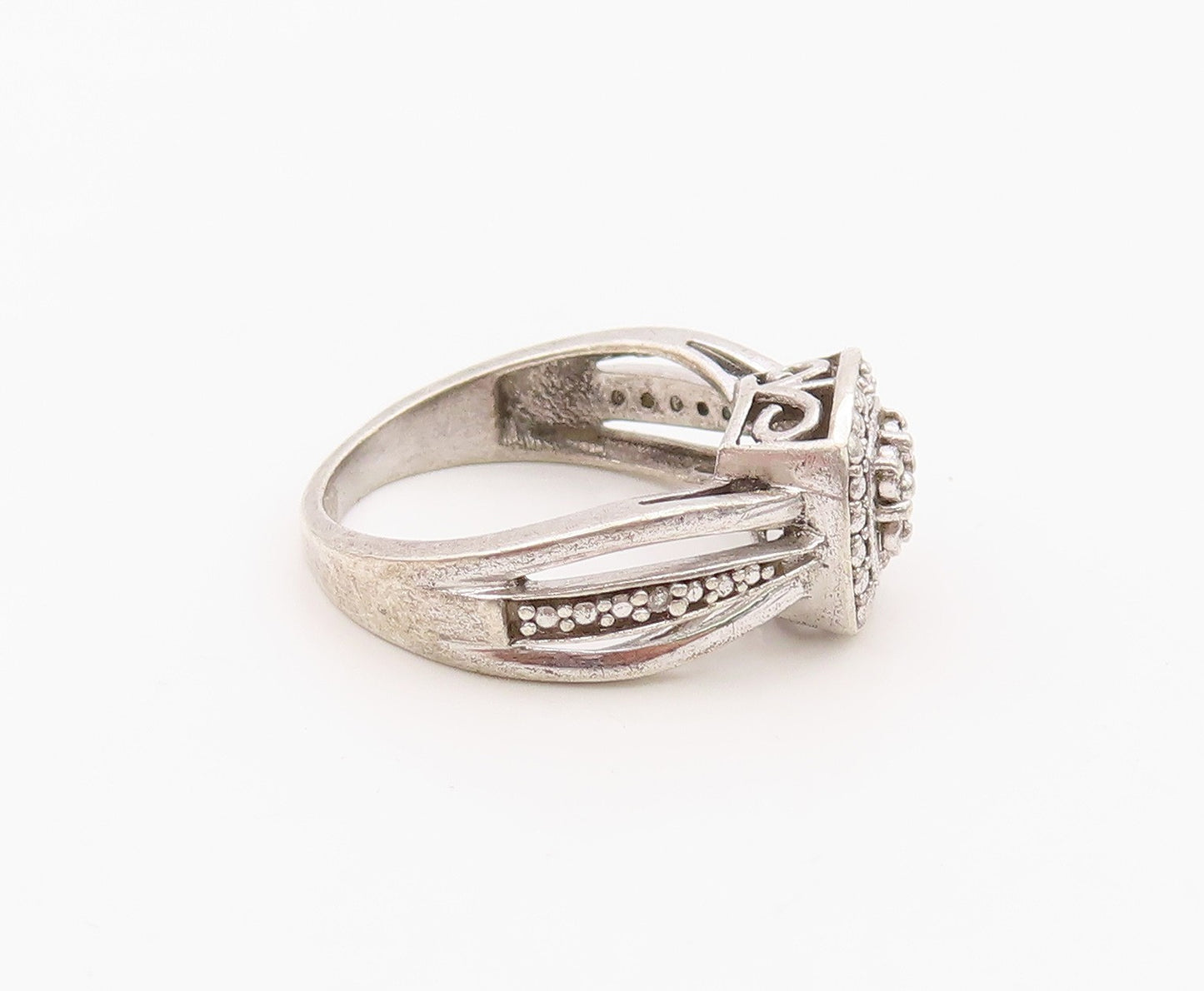 925 Sterling Silver Vintage Ring Real Diamonds Statement Band  Sz 4  RG36310
