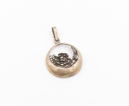 925 Sterling Silver  Vintage Oxidized Floral Round Drop Pendant  PT10330