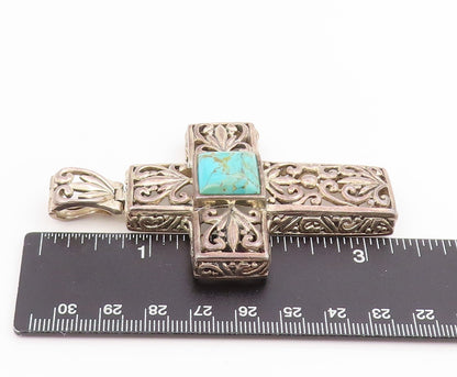 925 Sterling Silver Vintage Pendant Turquoise Large Open Floral Cross  PT25693