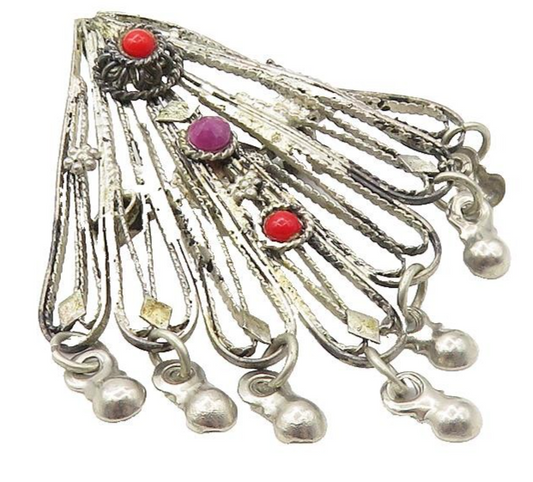 925 Sterling Silver  Vintage Coral & Ruby Dangling Fan Brooch Pin  BP4151
