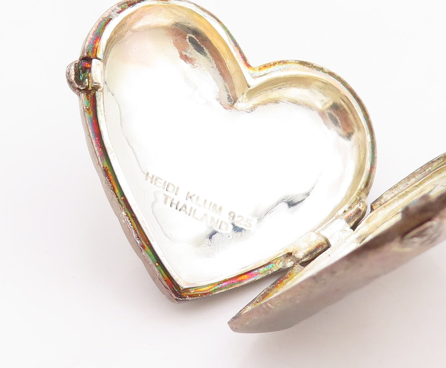 925 Sterling Silver Vintage Pendant Box Carved Flower On Heart (OPENS)  PT23480