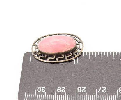 925 Sterling Silver Vintage Brooch Pin Oval Pink Quartz Halo Caved Maze  BP10626