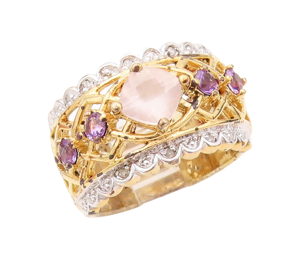 925 Sterling Silver Vintage Ring Gold Plated Gemstone Amethyst & CZ Sz 7 RG30589