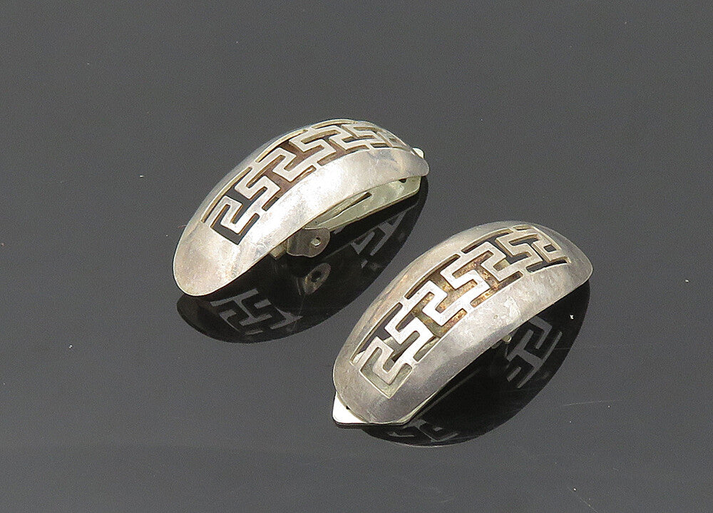 925 Sterling Silver  Vintage Open Greek Key Dome Non Pierce Earrings  EG10114