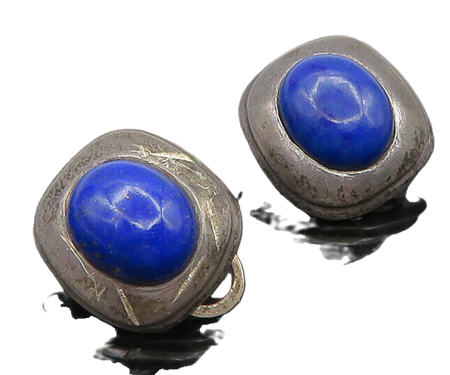 EUROPEAN 925 Silver  Vintage Cabochon Lapis Lazuli Non Pierce Earrings EG11423