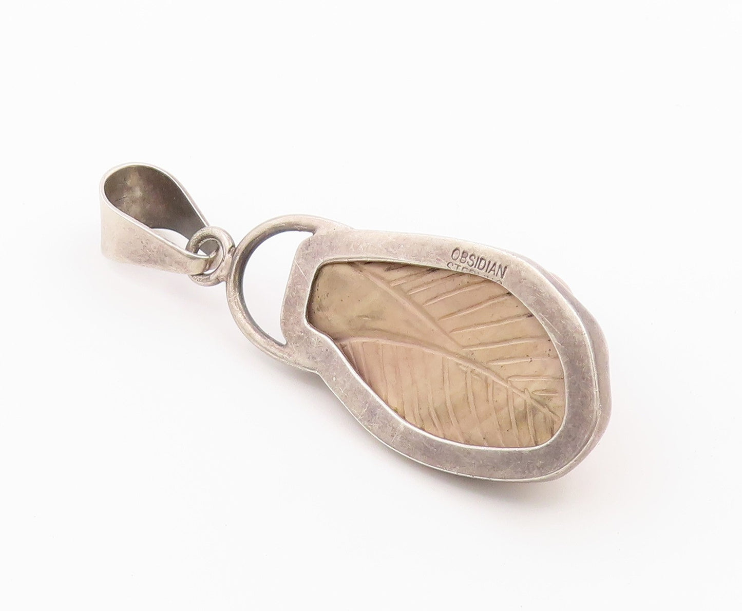 925 Sterling Silver Vintage Pendant OBSIDIAN Jasper Carved Rabbit  PT26371