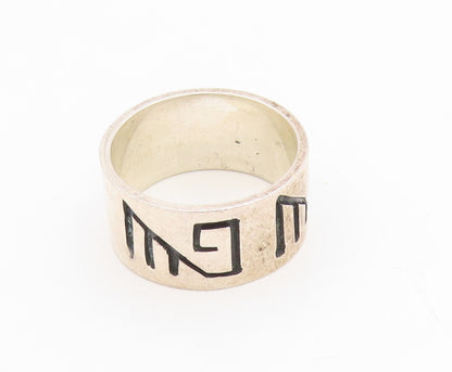925 Sterling Silver Vintage Ring POLAND Geometric Symbol Wide Band Sz 7 RG34861