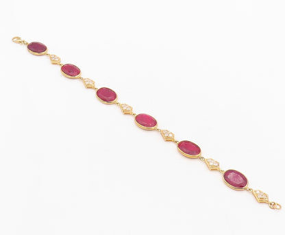 925 Sterling Silver Vintage Bracelet Gold Plated Diamonds & Oval Ruby  BT10838