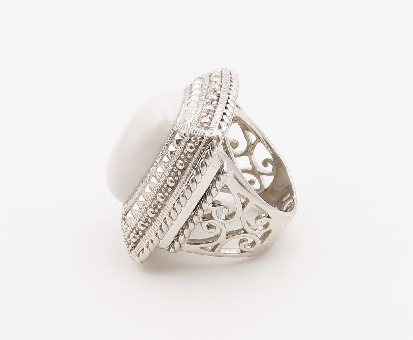 925 Sterling Silver Vintage Ring Cabochon White Onyx Statement Band Sz 6 RG36502