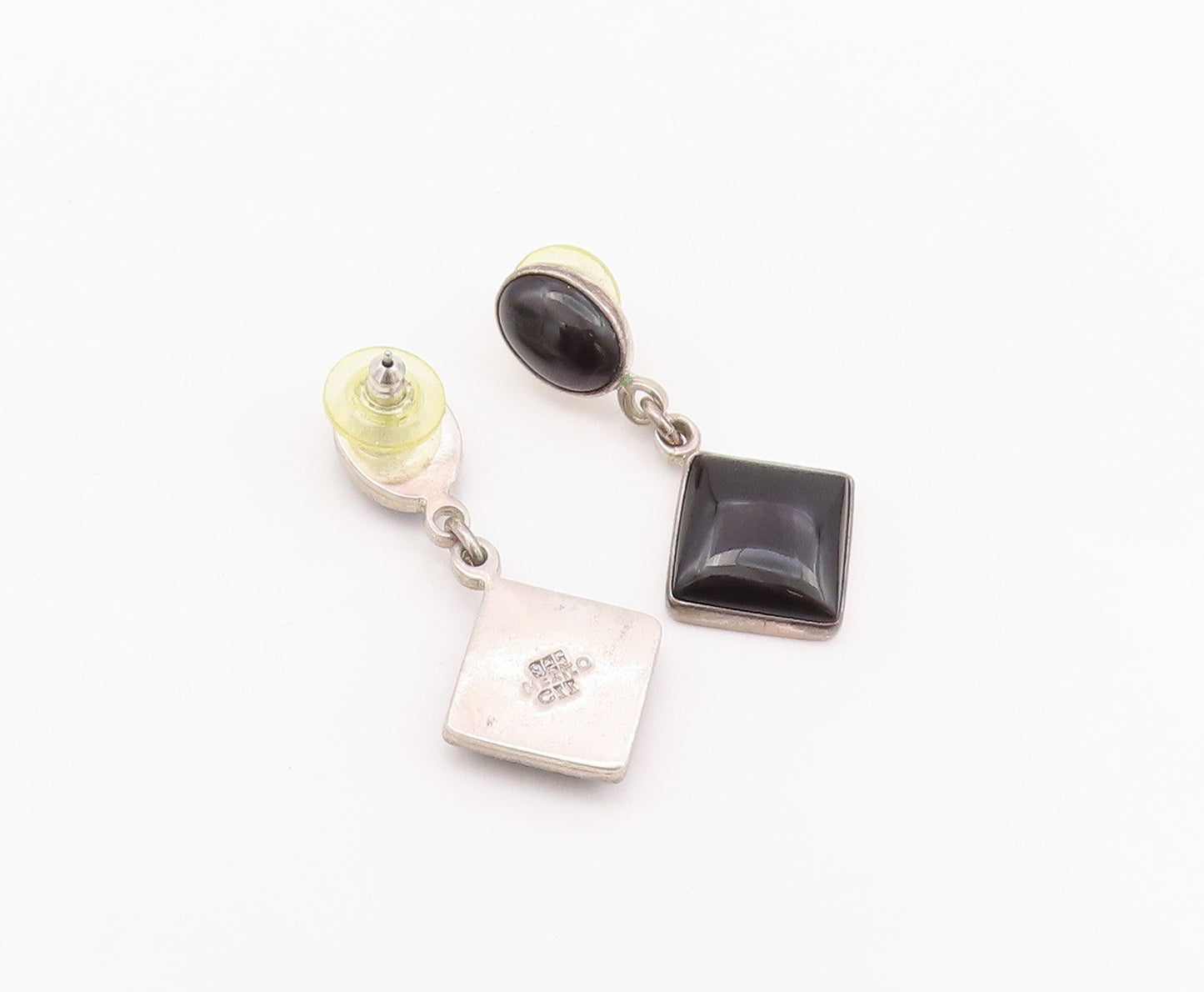925 Sterling Silver Vintage Earrings MEXICO Oval & Square Dangling Onyx  EG13619