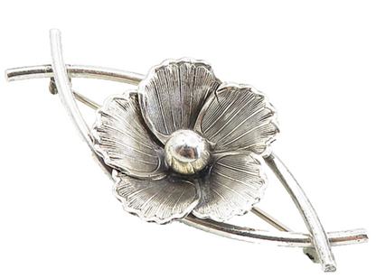 BEAU 925 Sterling Silver  Vintage Shiny Single Flower Motif Brooch Pin  BP3304