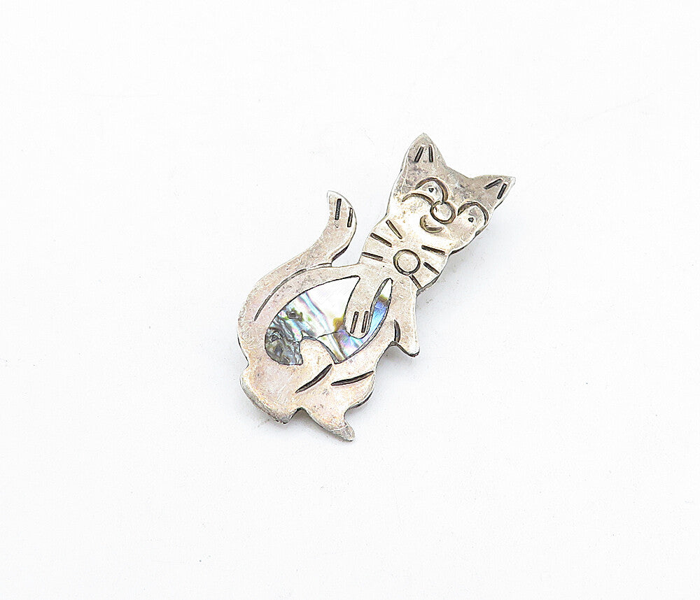 MEXICO 925 Sterling Silver  Vintage Abalone Sitting Cats Brooch Pin  BP1250