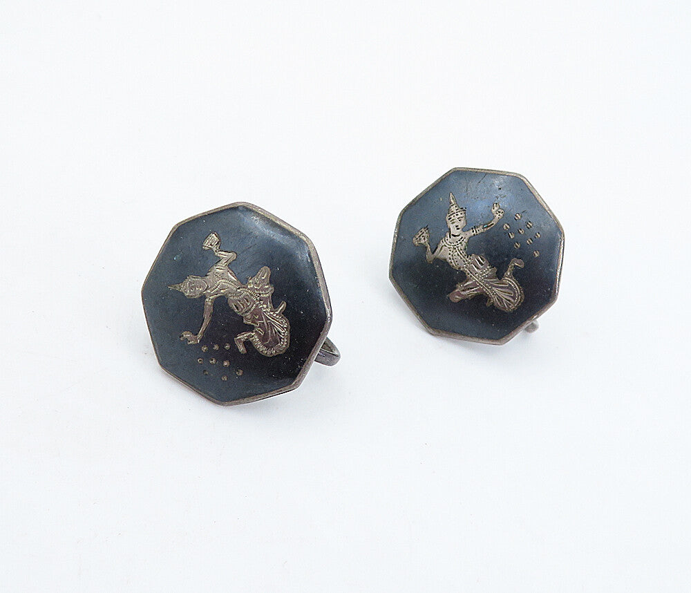 SIAM 925 Silver  Vintage Enamel Niello Dancer Non Pierce Earrings  EG2811