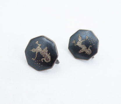 SIAM 925 Silver  Vintage Enamel Niello Dancer Non Pierce Earrings  EG2811