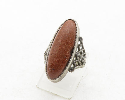 925 Sterling Silver  Vintage Cabochon Goldstone Cocktail Ring Sz 4.5  RG12991