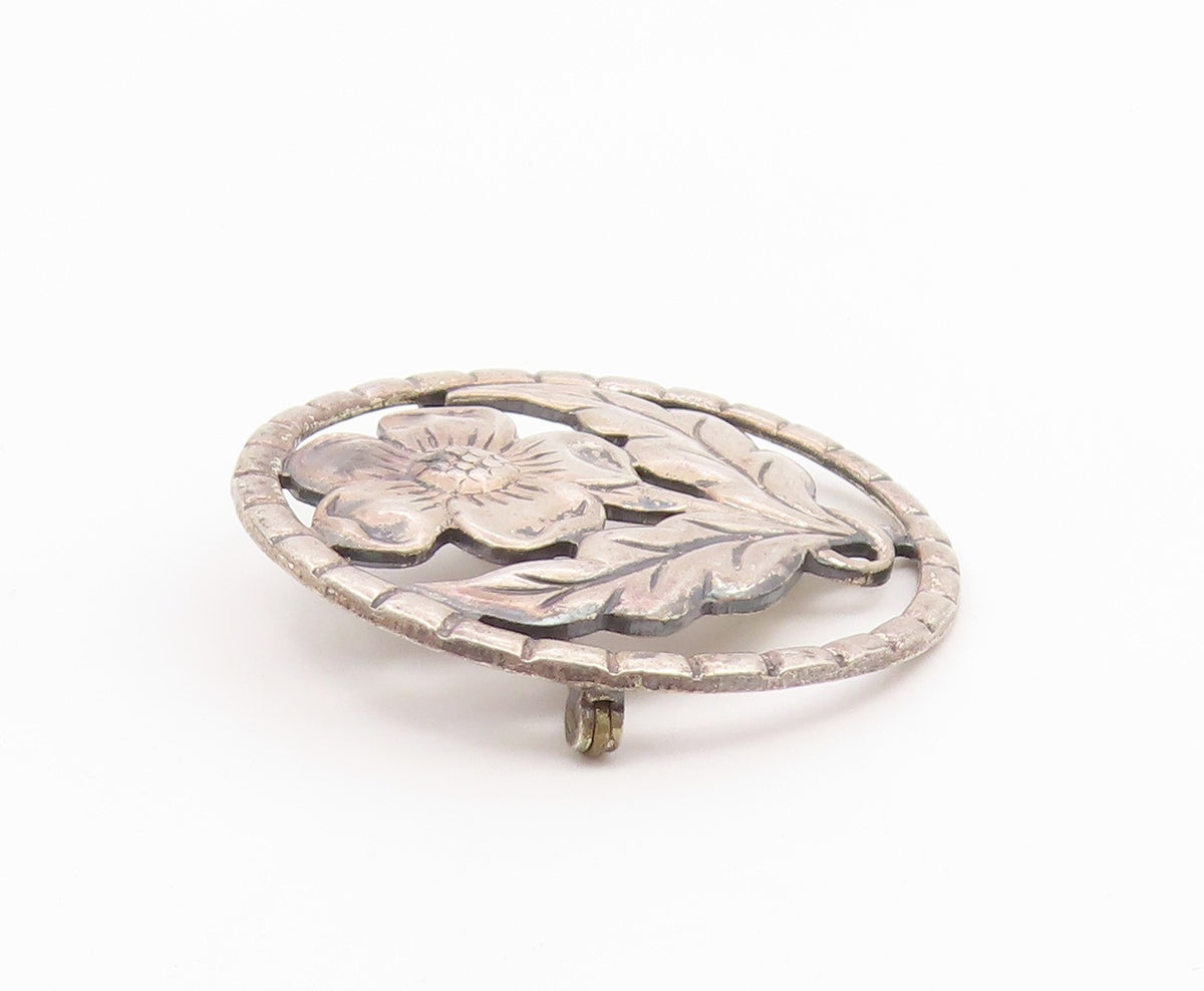 925 Sterling Silver  Vintage Single Flower Motif Round Brooch Pin  BP3785